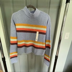 SO blue mock necked sweater with colorful stripes